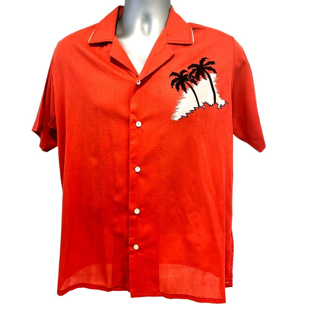 CORONET CASUALS Vintage Men’s L Burnt Orange Shirt Rare Palm Tree Design